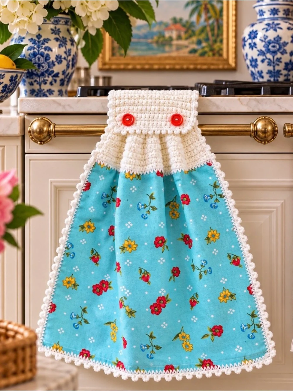 Pioneer Woman Tiffany Blue Floral Crochet Hanging Kitchen Towel